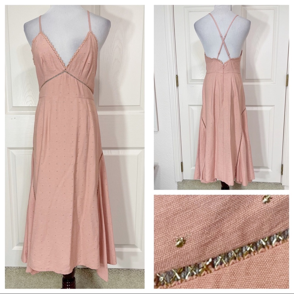 La Maison Talulah pink spaghetti strap dress with gold embroidery